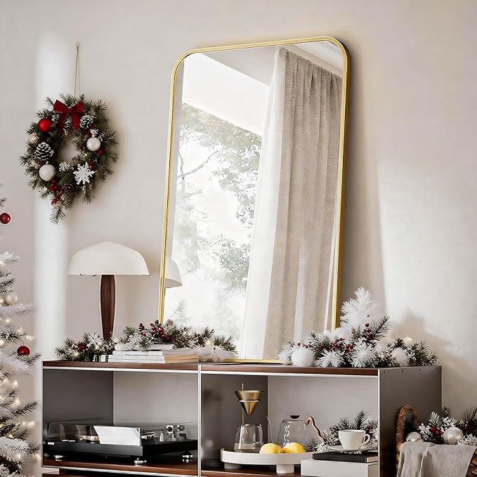 BEAUTYPEAK 24" x 36" Rectangular Aluminum Alloy Frame Wall Mounted Bathroom Mirror with Rounded Corners, Gold