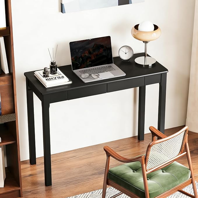 Solid Wooden Desk with Drawers - 39 x 16 Inch Modern Narrow Desks, Rubberwood Simple Study Table, Small Writing Desk for Bedroom|Small Spaces - Black Desks