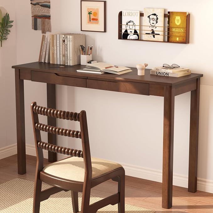 100% Solid Wood Desk with 2 Drawers, 47" Wooden Mid Century Modern Desk, Vintage Writing Desk Computer Table for Home, Office, Bedroom, Living Room