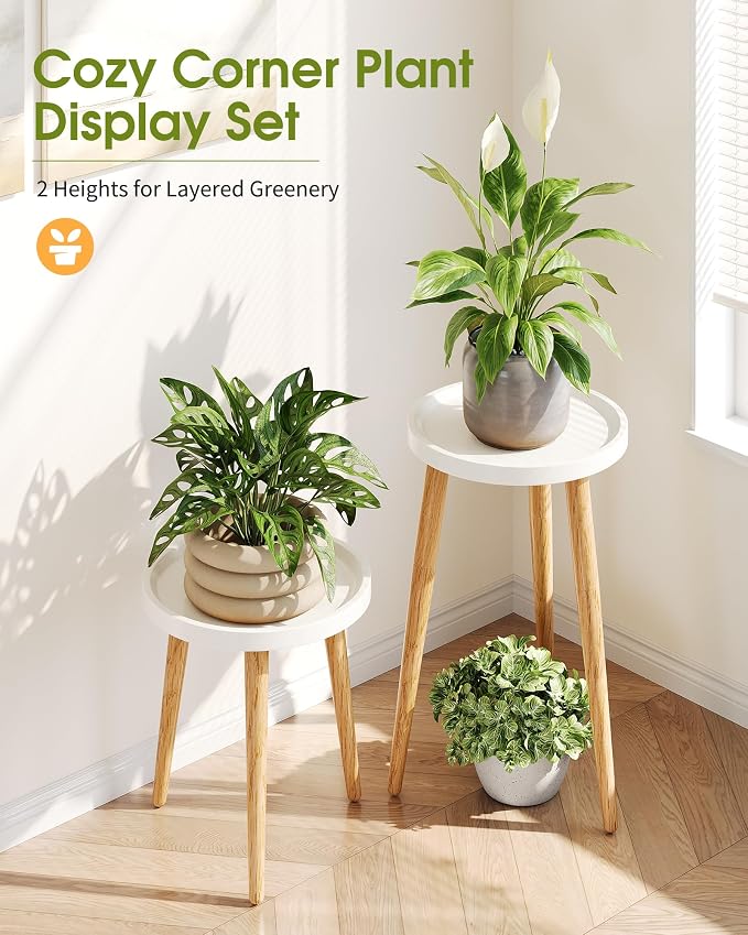 Plant Stand Indoor, Wood Mid Century Indoor Plant Stand, Tall Plant Stands for Flower Pot, Modern Round Plant Table, Small Side End Table with Raised Design, 1 Pack, White, 11.7''x18.8''