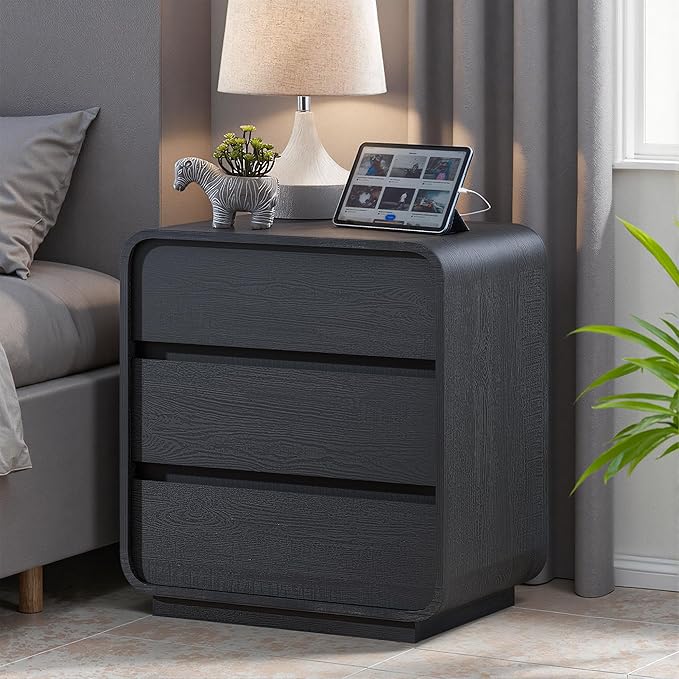 Black Night Stand with Charging Station, 25" Tall Wood Bedside Table, Modern End Table Dresser with 3 Storage Drawers, Curved Profile, Mid Century Nightstand for Bedroom Dorm Sofa Office