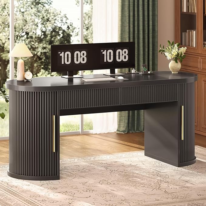SEDETA Office Desk with 2 Drawers, 58.3" x 21.7" Fluted Long Computer Desk with 2 Sliding Doors Storage and Power Strip, Wood Executive Desk for Home Office, Living Room, Bedroom, Black