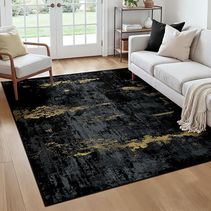Washable Area Rugs Square 6ft Non-Slip Modern Abstract Soft for Living Room Entryway Bedroom Nursery, Print Pattern, Dark Black Gold