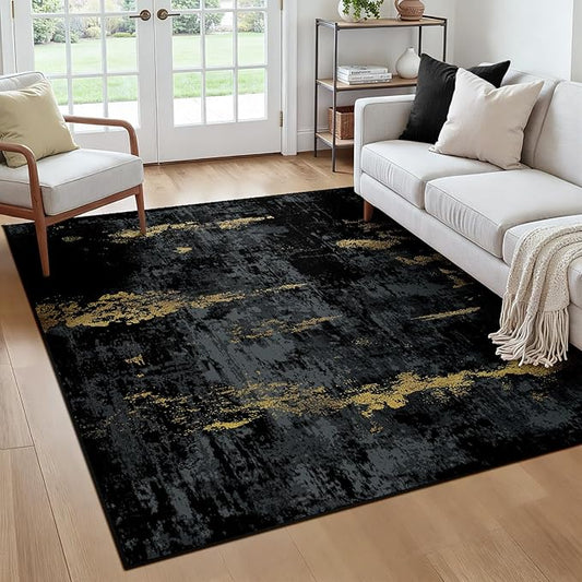 Washable Area Rugs Square 6ft Non-Slip Modern Abstract Soft for Living Room Entryway Bedroom Nursery, Print Pattern, Dark Black Gold