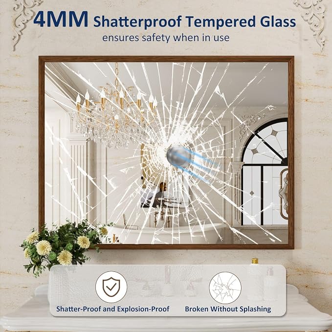 WEER Bathroom Mirror, 48x36 Inch Wall Mirror, Walnut Wood Grain Framed Mirror, Rectangle Vanity Mirror, Tempered Glass, Anti-Rust, Hangs Horizontally or Vertically
