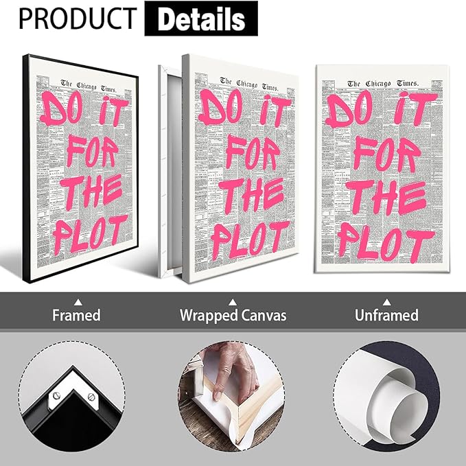 Do It Foe The Plot Wall Art Retro Newspaper Pink Font Canvas Poster Positive Affirming Quote Minimalist Prints Painting For Home Bedroom Dorm Wall Decor Aesthetics 16x24in Unframed