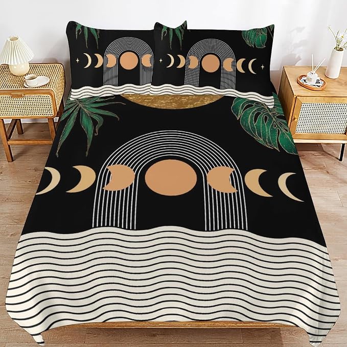 Mid Century Moon Phase Duvet Cover Sets Boho Modern Palm Leaves Arch Minimalist Printed Lightweight Soft Quilt Cover Soft Microfiber 3 Piece (1 Duvet Cover 68x86in + 2 Pillow Sham 20x30in)