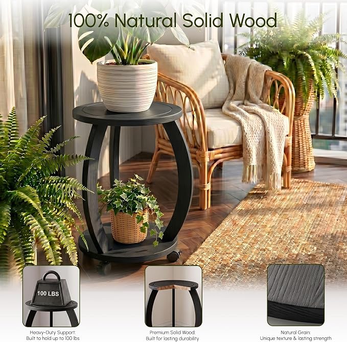 2 Tier Wooden Plant Stand Indoor with Wheels – Tall Plant Stand for 6-12 Inch Pots, Mid-Century Modern Rustic Plant Table Indoor, Pedestal Stand for Corner, Living Room, Balcony, Black