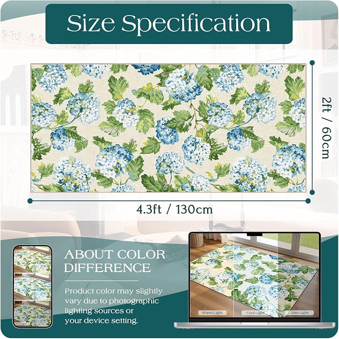 Front Door Mat Indoor Entrance - 2x4.3 Ft Spring Washable Layered Doormat Outdoor Entrance Porch Rug Non-Slip Light Blue Green Floral Runner Rug for Kitchen Bedroom Laundry Room Porch Decor