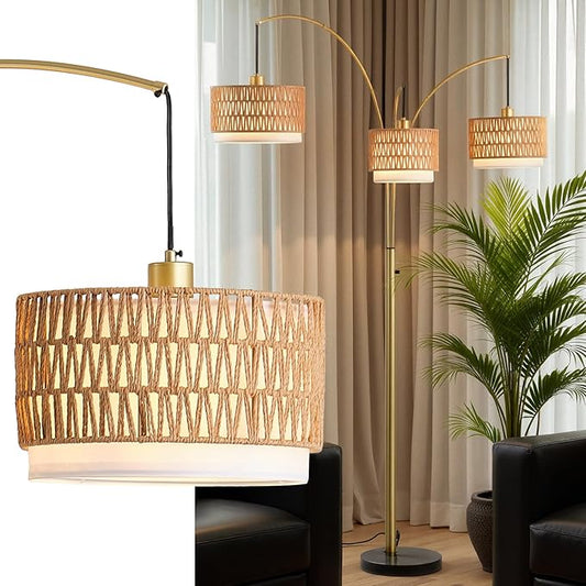 Gold Rattan Floor Lamp for Living Room, 80 Inch Tall Boho Floor Lamp with Rotary Switch, 3 Lights Arc Lamp with Wicker Shade for Coastal,Bohemian,Tree Farmhouse Standing Lamp