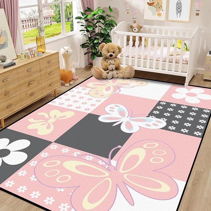 3'x5' Butterfly Area Rug Pink Butterfly Checkered Rugs for Entryway Bedroom Living Room Kitchen Home Decor Cute Flower Carpet Washable Non Slip Floor Mat