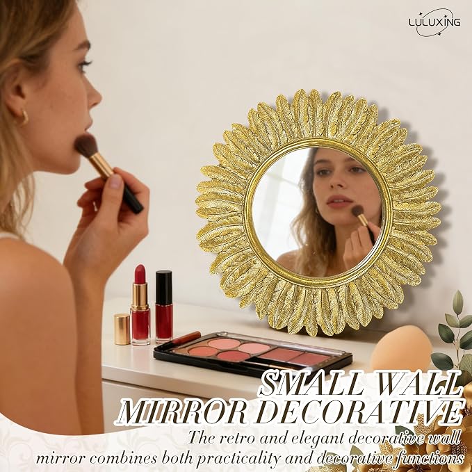 Pack of 1 Gold Round Wall Mirror 12 inch - Small Feather Decorative Wall Mirror,Vintage Sunburst Boho Wall Decor Mirror for Bedroom,Living Room,Entryway,Hallway,Dressing Table