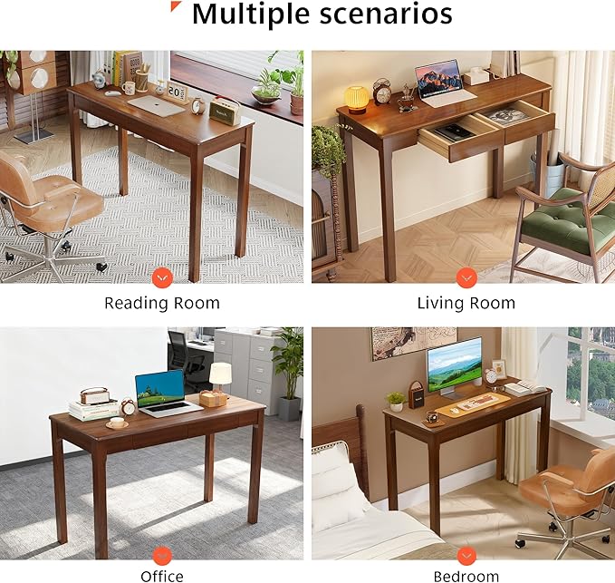 Solid Wood Desk with Drawers - 39" Narrow Desks for Small Spaces, Mid Century Modern Computer Desks, Wooden Vintage Writing Desk, Small Study Table for Home Office Bedroom, Walnut