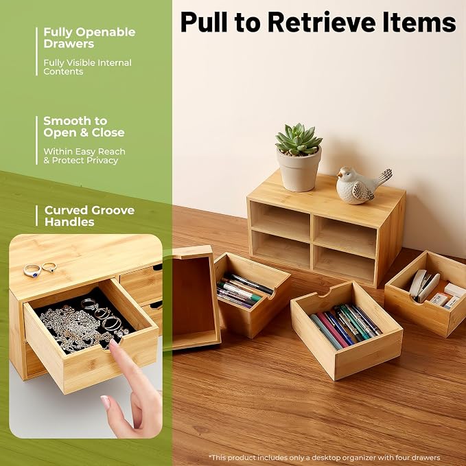 Bamboo Desk Organizer Small Retro Bamboo Tabletop Storage Box with Drawers& Recess Handles for Office Home Supplies Table Storage Collector 13 * 7.5 * 6in (4 Drawers)