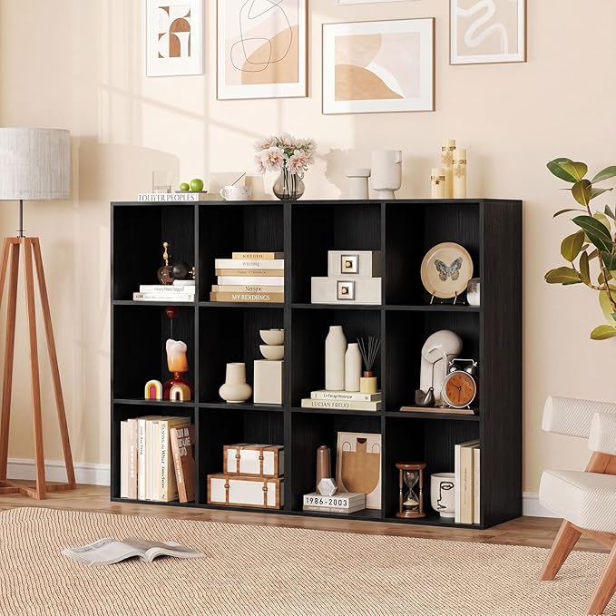 Tangkula 6-Cube Bookcase, Large Floor Standing Horizontal Bookshelf with 6 Open Shelves & 2 Anti-Tipping Kits, Home Office Wooden Storage Book Shelf for Living Room, Study (Black, 6-Cube)