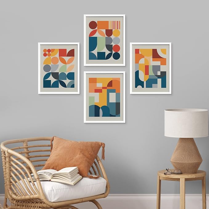 SIGNWIN Framed Mid-Century Modern Colorful Geometric Polygons Wall Art, Set of 4 Abstract Geometric Wall Decor Prints, Nature Wilderness Wall Décor for Living Room, Bedroom - 8"x10" White