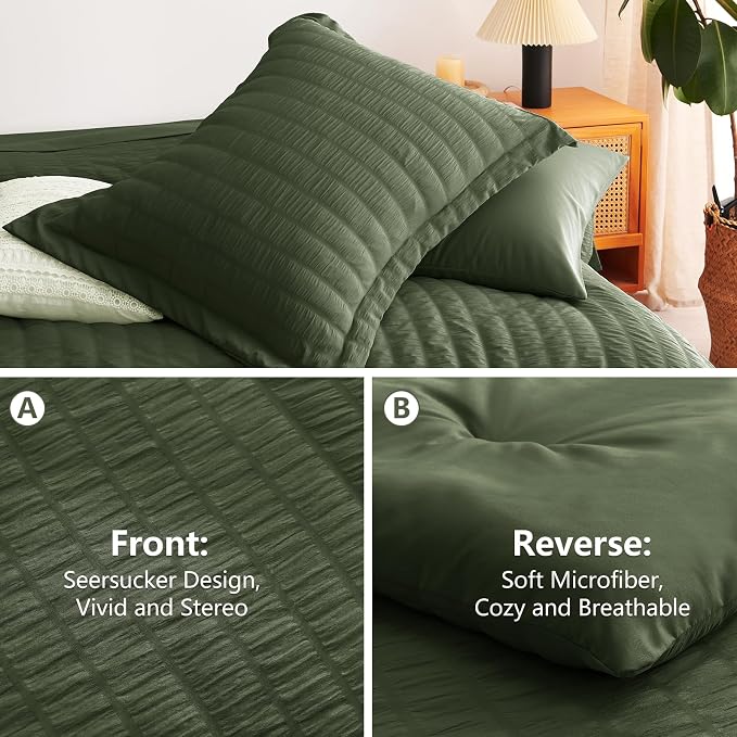 CozyLux Full Size Comforter Sets Olive Green, 7 Pieces Seersucker Textured Luxury Bed in a Bag, All Seasons Soft Bedding Sets with Down Alternative Comforter, Sheets, Pillowcases & Shams, Home Gift