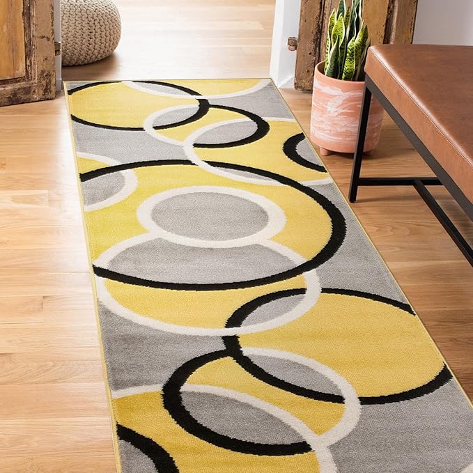 Rugshop Contemporary Abstract Circles Runner Rug, Non-Shedding Carpet for Hallway, Entryway, or Kitchen, Yellow, 2' x 7'2"