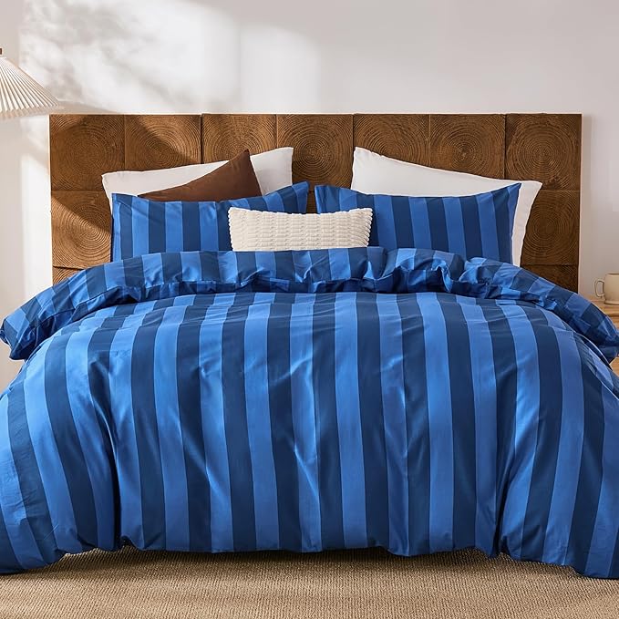 Merryword Blue Striped Duvet Cover Set Queen Size, 100% Natural Cotton Linen Like Duvet Cover Set with Zipper Closure & 8 Corner Ties, Dark Blue Soft Reversible Bedding for All Seasons
