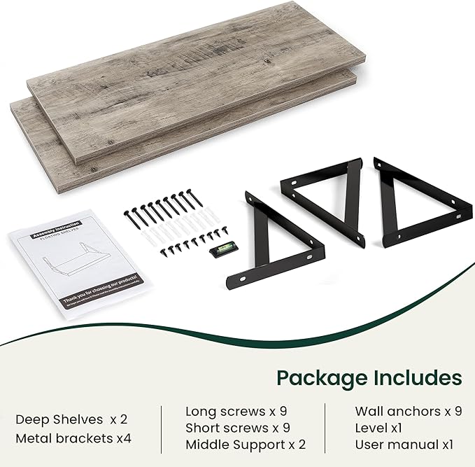 Floating Shelves, 12 Inch Deep Rustic Wood Wall Storage, 36W x 12D Wall Shelves Set of 2, Heavy Duty Metal Brackets, Large Industrial Book Shelf for Living Room, Kitchen, Bedroom, Grey