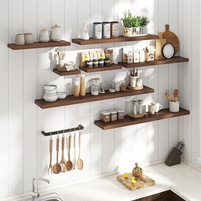 55 Inch Floating Shelves for Wall Set of 2, 8"D Wood Grain Bathroom Shelves with Invisible Brackets, Easy Install Engineered Wood Storage Shelves for Kitchen, Living Room, Bedroom, Walnut Finish