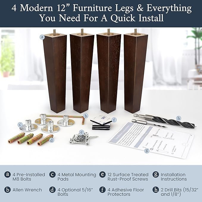Premium Walnut Square Furniture Legs (Full Install Kit) - Pick Your Size and Color