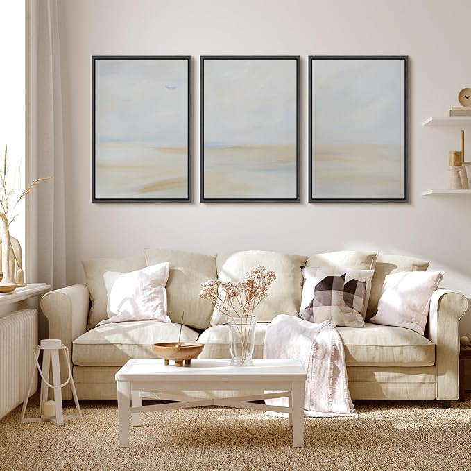 MUDECOR Framed Wall Art Print Set Minimalist Coastal Horizon in Soft Blue and Sand Colors Illustrations Modern Art Boho Decorative Chic for Living Room, Bedroom, Office - 16"x24"x3 Black