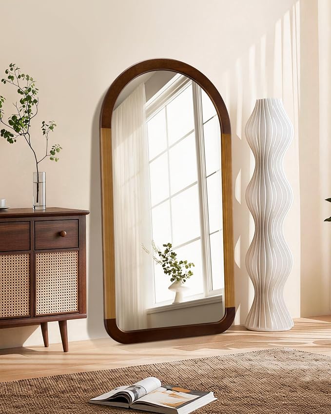 Arched Mirror 24 x 47 Inch,Brown Wood Rustic Bathroom Tempered Wall Mirror with Wood Frame,Round Corner Arch Farmhouse Wooden Vanity Mirror for Living Room,Entryway or Bedroom（Walnut Brown）