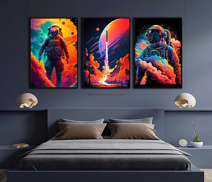 3Pcs Cool Astronaut Wall Art Abstract Colorful Galaxy Spaceman Posters Pictures Fantastic Planet rocket Paintings Prints Surrealism Planets Cosmos Artwork for Boys Bedroom Canvas Wall Decor Unframed