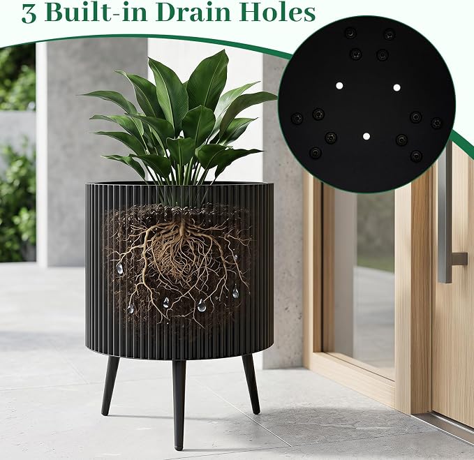 Giantex 20 Inch Plant Pot with Stand Set of 2, Mid-Century Modern Fluted Planter with Built-in Drainage Holes, Metal Flower Pot with Tapered Legs for Living Room, Office, Porch, Garden