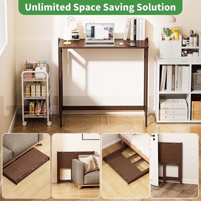 Bamboo Foldable Desk, Folding Desks for Small Spaces, 32.68 Inch Small Foldable Computer Table, Space Saving Sofa Table for Couch, Bedroom or Home Office, Brown