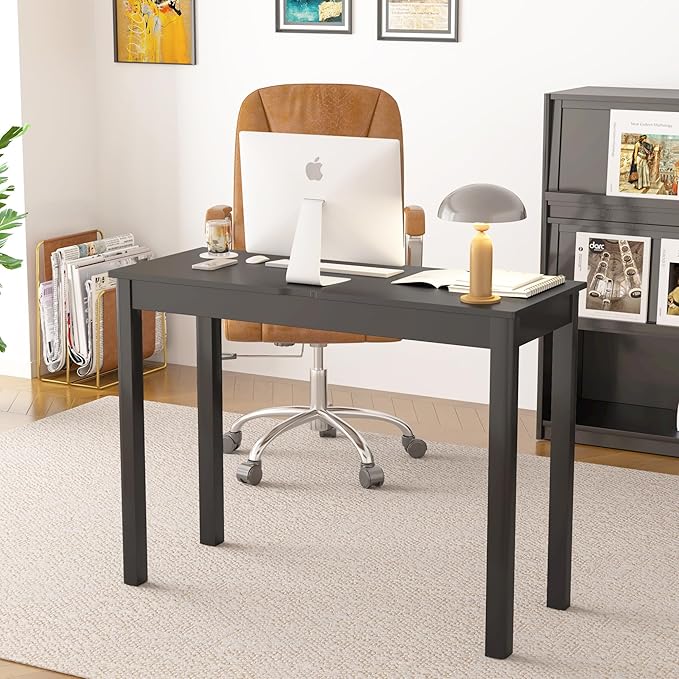 Solid Wood Desk with Drawers - 39 x 16 Inch Simple Narrow Desks, Modern Computer Desks, Rubber Wood Study Table, Small Writing Desk for Bedroom|Small Spaces - Black