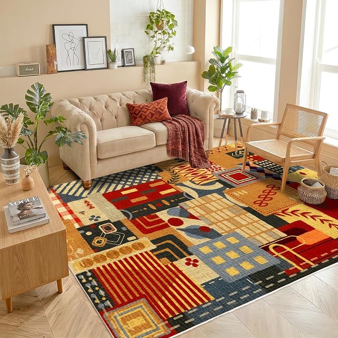 Washable 5x7 Colorful Abstract Area Rug, Boho Patchwork Rugs for Living Room, Multi-Color Modern Memphis-Inspired Throw Carpet, Non-Slip Low Pile Rug for Bedroom Dining Room Office Home Hardwood Floor
