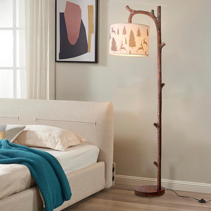 70" Farmhouse Rustic Floor Lamps for Living Room, Brown Vintage Tree Trunk Standing Tall Lamp Faux Wood with Fabric Drum lampshade, Vintage Reading Floor Light for Bedroom Office Hotel