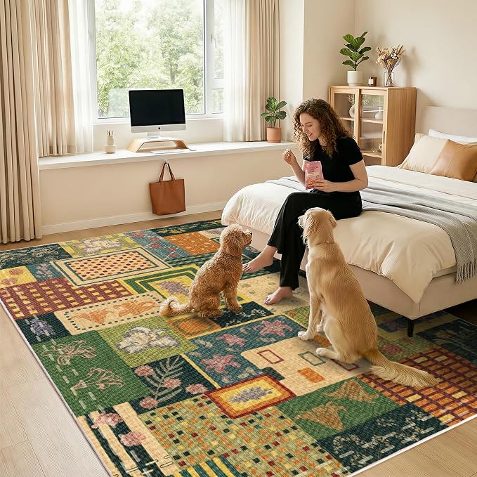 Flowers Patchwork Abstract 8x10 Area Rug, Green Soft Faux Wool Geometric Rugs for Living Room, Non Slip Low Pile Washable Indoor Carpet Rug for Bedroom, Entryway, Dining Room, Home Office Decor