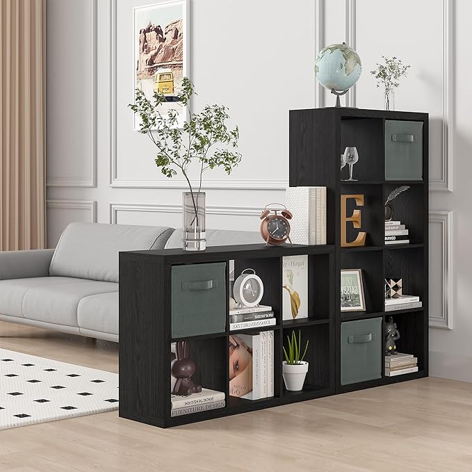 furtble Bookshelf with Storage Bin, 6-Cube Storage Organizer, Modern Wood Open Bookcase, Multifunctional Display Shelf for Living Room, Bedroom, Home Office, Black