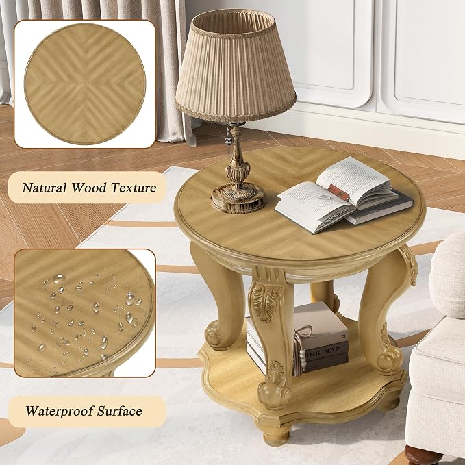 22'' Round End Table Solid Wood Sofa Side Table with Storage Shelf, Antique Natural Living Room Corner Table Retro Accent Table, Easy Assemble Round Bedside Table Night Stand for Small Space