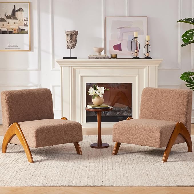 Oversized Accent Chair, upholstered armless mid Century Modern Living Room Chair with Wooden Legs for Bedroom/Office/Cafe, Sherpa Brown
