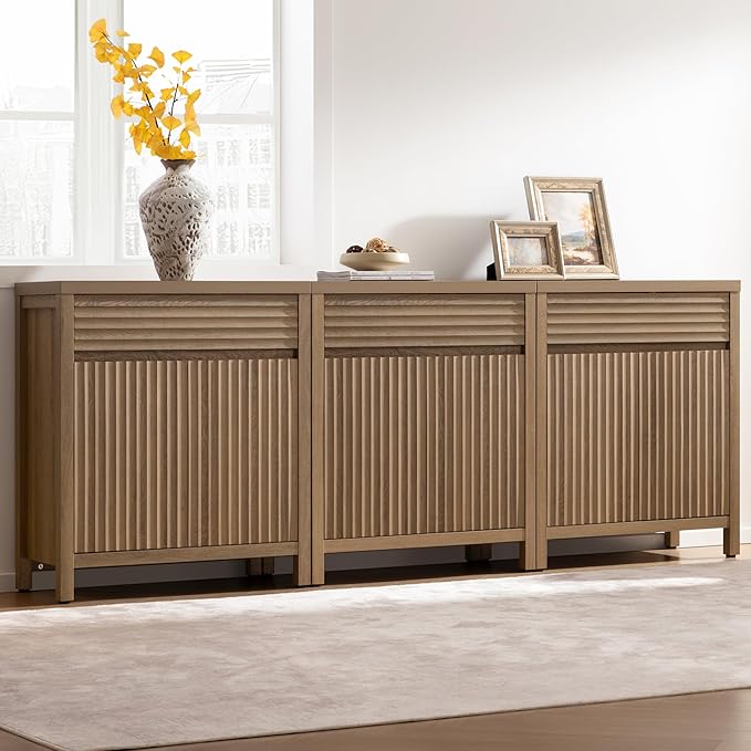 SICOTAS Fluted Buffet Cabinet with Storage - 87" Large Sideboard Modern Storage Cabinet Accent Coffee Bar Console Table with Drawers & Adjustable Shelves for Kitchen Living Room Entryway, Caramel Oak