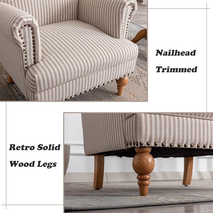 Linen Accent Chair Mid-Century Modern Living Room Armchair with Nailhead Trim & Wood Legs Comfy Upholstered Single Sofa Chair for Lounge/Bedroom/Reception, Khaki Stripe