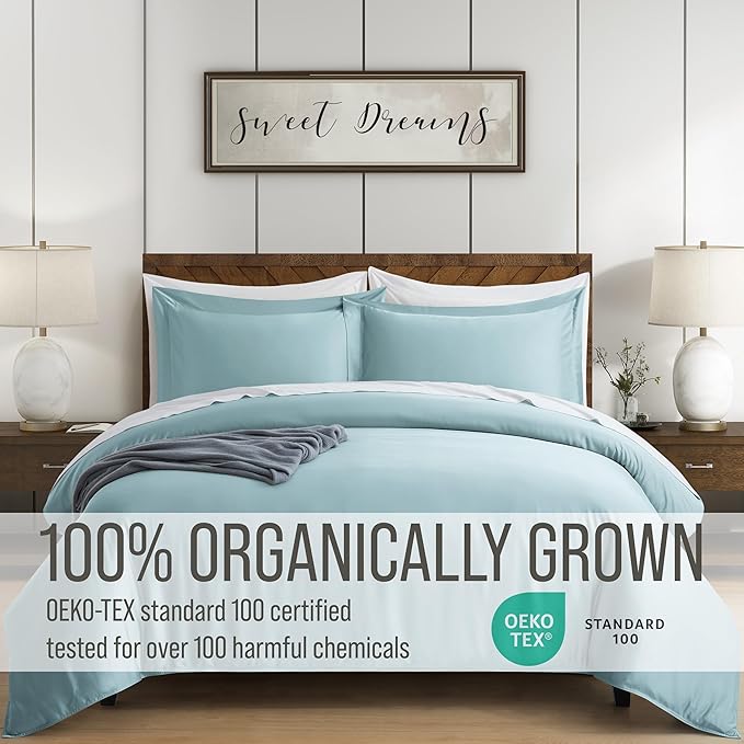 Bella Coterie Luxury Bamboo Viscose Queen Size Duvet Cover Set | 100% Organically Grown | Corner Ties | Ultra Soft | Cooling | Two Pillow Shams | 90 x 94 | No Insert [Coastal Blue]