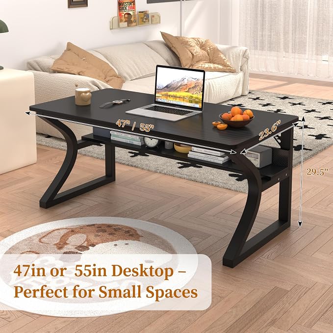 55 X 23.6'' Computer Desk, Home Office Desks w/Shelf Storage, Computer Desk w/Metal Frame, Cable Management, Study Student Desk Writing Work Table Deeper & Thicker Desktop for Home Bedroom