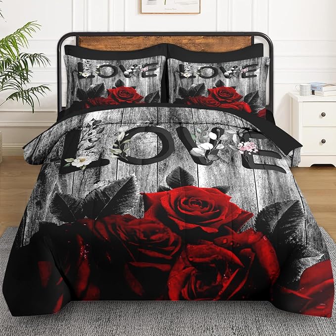 WeCozy 7 Pcs Full Size Comforter Set with 2 Pillowcases & 2 Shams, Red Rose Flower Bedding for Kids and Adults, Summer Vintage Woodboard Wood Grain Bed in a Bag with Flat Fitted Sheet