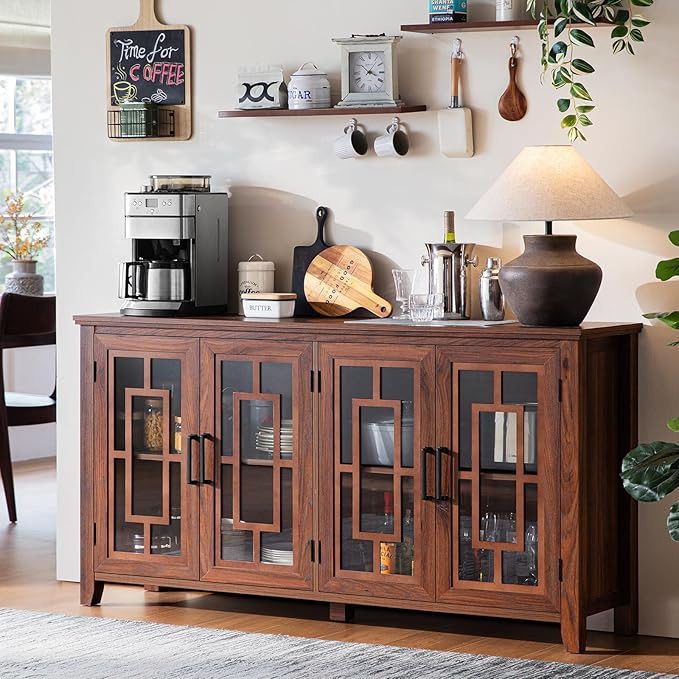 Large Sideboard Buffet Cabinet with Storage, 63" Farmhouse Brown Kitchen Coffee Wine Bar Cabinet with 4 Glass Doors, Wood Mid Century Modern Side Board Table for Dining Room, Living Room