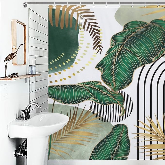 Boho Leaf Shower Curtain，Mid Century Green Gold Abstract Tropical Plant Minimalist Modern Geometric Palm Leaf Arch Bathroom Decor Fabric Polyester Waterproof 12 Pack Hooks,72x78Inch