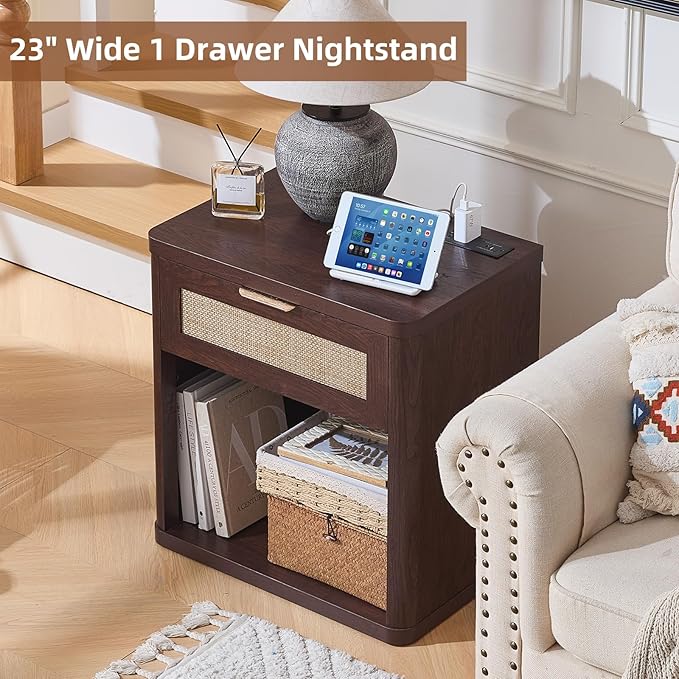 LEYAOYAO Rattan Nightstands Set of 2 with Charging Station, Walnut Night Stand with Drawer, 23" Wide Boho Bedside Table with Storage Shelf, Bed Side End Tables for Bedroom, Living Room, Hallway