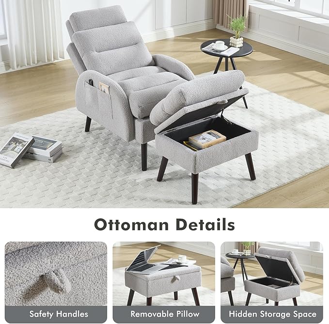 HCHAIRH Accent Chair with Ottoman Set, Comfy Teddy Reading Chair and Ottoman, Modern Oversized Lounge Armchair with Adjustable Backrest for Living Room Bedroom, Light Grey