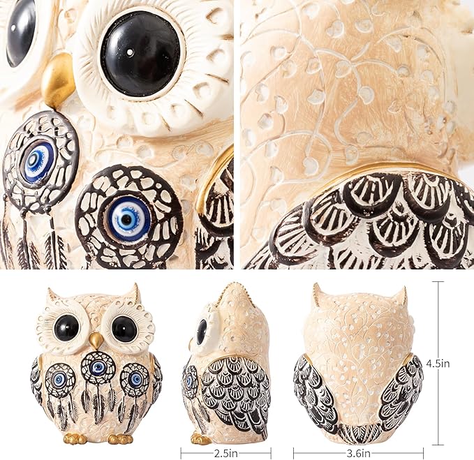 Owl Statue Home Decor Accents with Evil Eye.White Decor for Bookshelf, Bedroom, Living Room, Office, Table and Shelf. Vintage Owl Figurines Gifts for Birds Lover.Cute Small Animal Sculptures.
