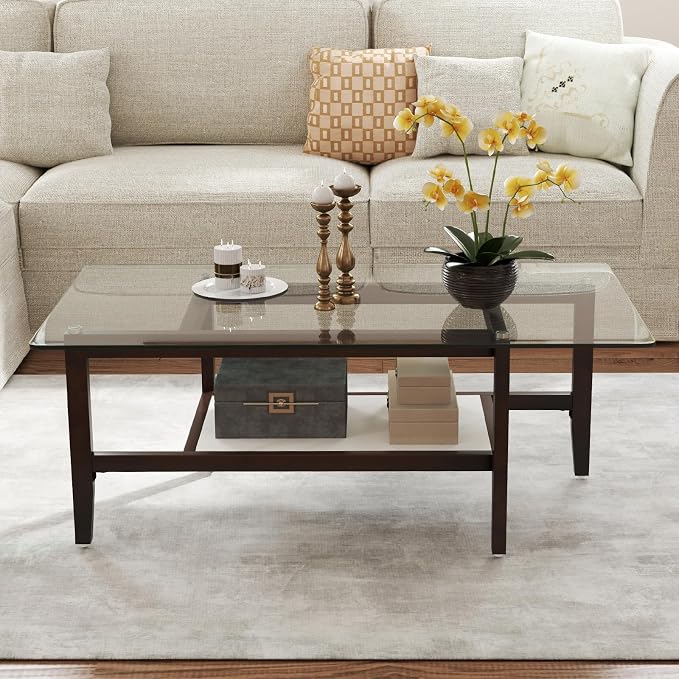 Tangkula Glass Coffee Table, 42” 2-Tier Rectangular Center Table with Storage Shelf & Solid Rubber Wood Legs, Modern Cocktail Table for Living Room, Home Office (Brown, 42" x 23.5")