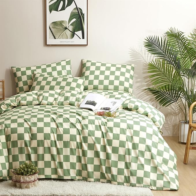 Pureant Green White Plaid Comforter Sets California King Women Men Sage Green Checkerboard Grid Bedding Comforters Cal King Modern Grass Green and White Checkered Geometric Quilts Luxury Abstract Bed